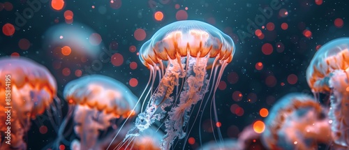 Glowing jellyfish in the dark ocean. photo