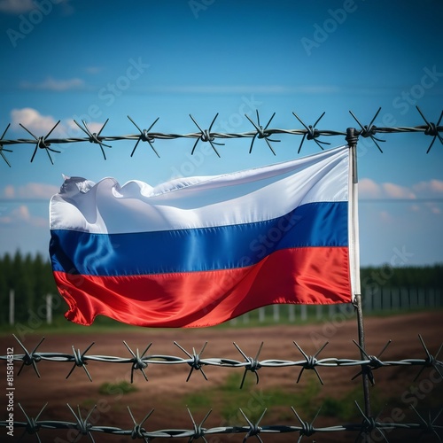 The Russian flag behind barbed wire, a violation of the freedom of citizens.