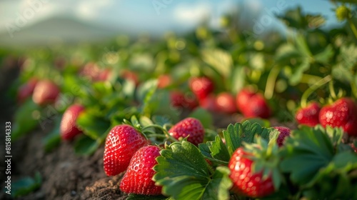 agricultural innovation, a flourishing strawberry field under the clear blue sky, with rows of freshly planted strawberry plants in neat green beds photo
