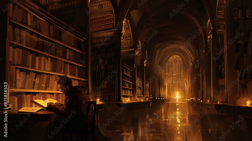 Obraz premium A Person Reading In A Magical Library