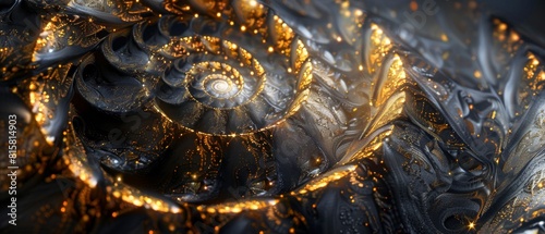 Mystical black and gold glowing nautilus shell.
