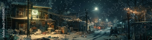 winter, rural city of cyberpunk, night mode