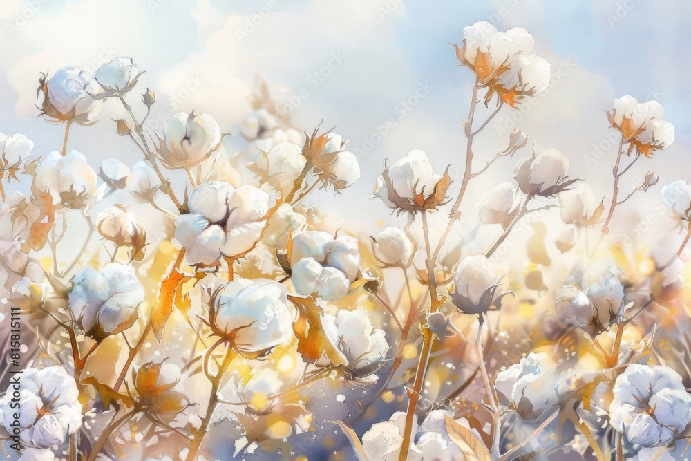 A painting of a field of cotton flowers with a blue sky in the background A painting of a field of cotton flowers with a blue sky in the background