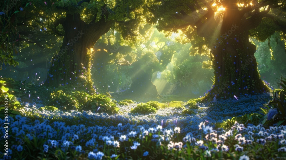 Mystical forest glade with blue flowers and bright sun rays shining through the tall trees.