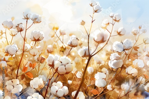A painting of a field of cotton flowers with a blue sky in the background
