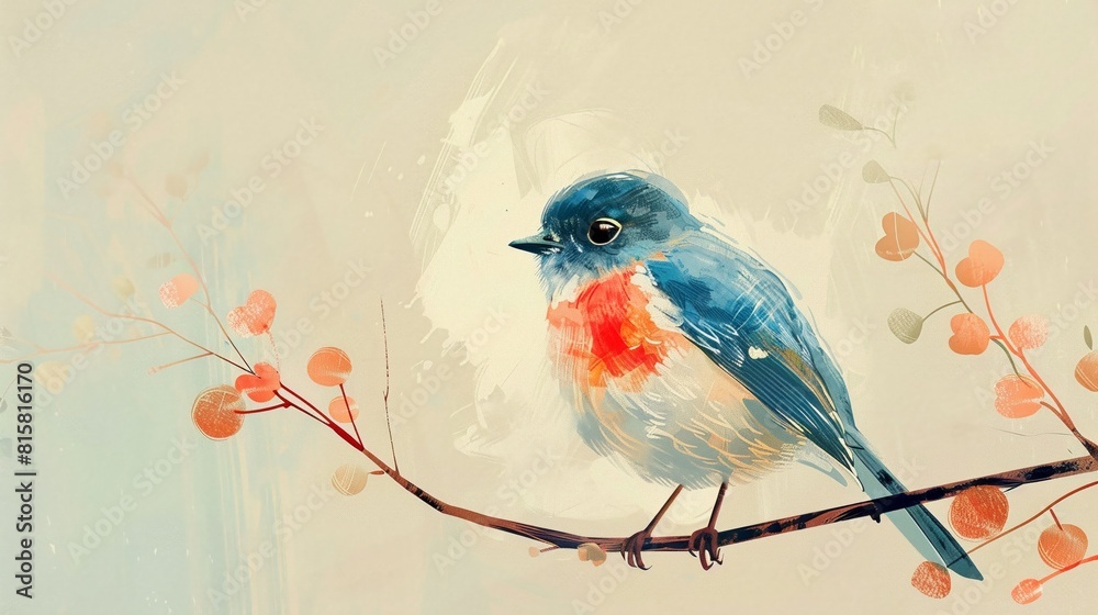A colorful, minimalist bird illustration in pastel tones with a simple, elegant background