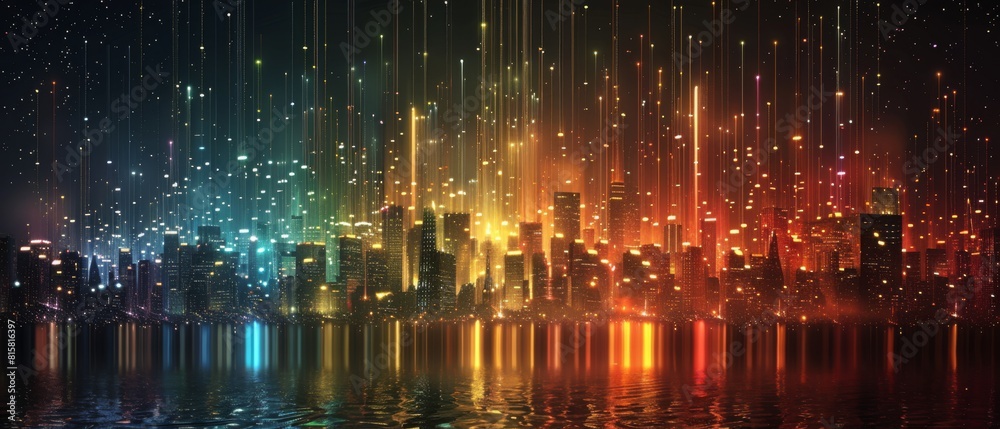 The AI-generated photo shows a night view of a city with skyscrapers and colorful lights.