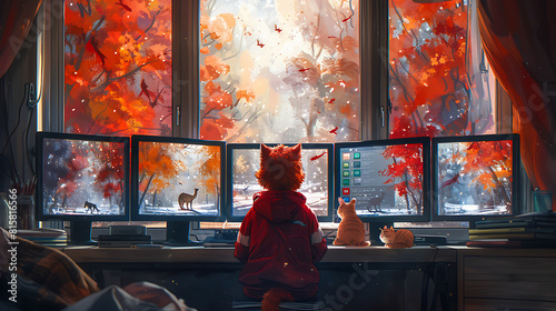 Cat Watching Autumn Scene on Multiple Monitors