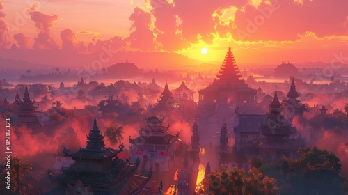 The image is a beautiful landscape of a city with a red sky and a large sun. The city is filled with many buildings and is surrounded by a large wall.