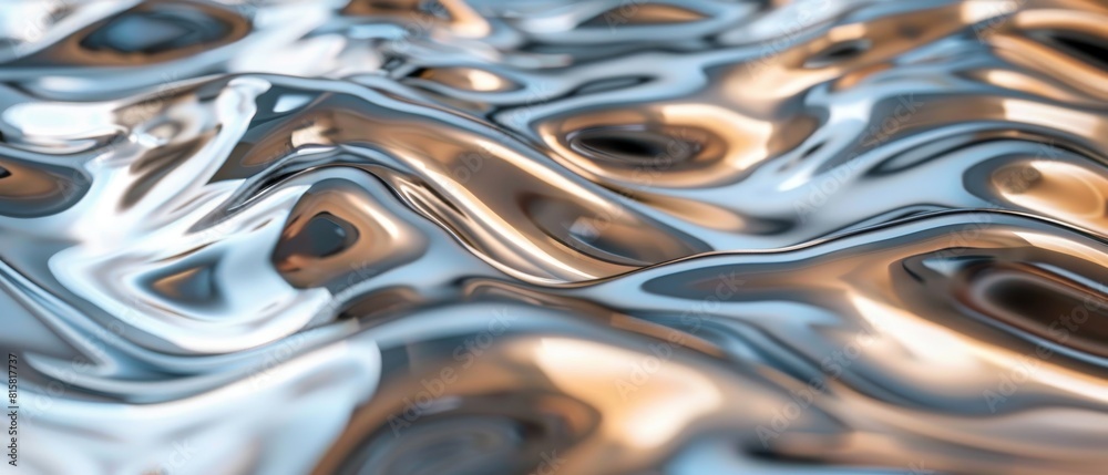 The image is a close-up of a smooth, reflective, liquid-like surface with a metallic sheen The image is a close-up of a smooth, reflective, liquid-like surface with a metallic sheen