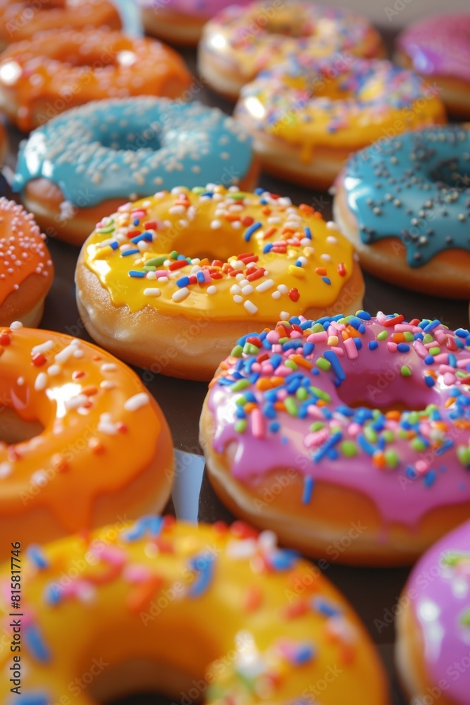 A close-up of colorful donuts with vibrant icings and sprinkles, including yellow, blue, pink, and orange. The donuts are arranged in an appetizing display, National Donut Day A close-up of colorful donuts with vibrant icings and sprinkles, including yellow, blue, pink, and orange. The donuts are arranged in an appetizing display, National Donut Day