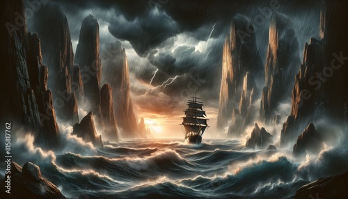 A daunting scene as a ship sails through towering rock formations amidst a violent storm, with thunder and fierce waves.