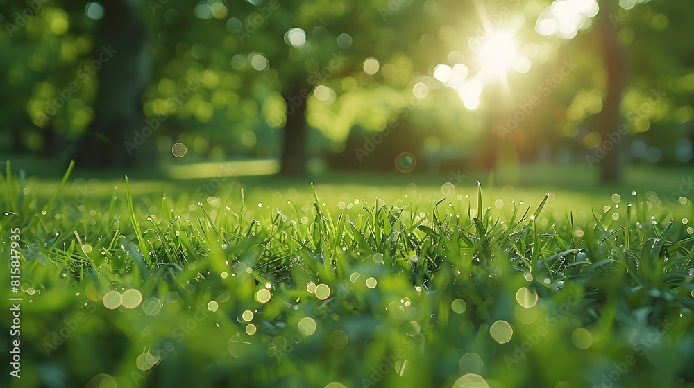 Beautiful blurred background of lush green grass in the park on sunny day. Spring or summer nature landscape with copy space.
