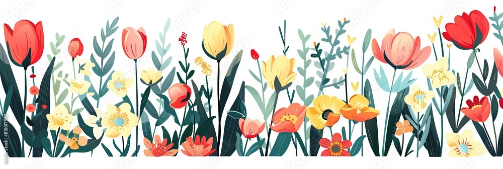 A vector illustration of hand drawn flowers in a flat style, on a white background, with space for text on the right side. The minimalist and colorful design A vector illustration of hand drawn flowers in a flat style, on a white background, with space for text on the right side. The minimalist and colorful design