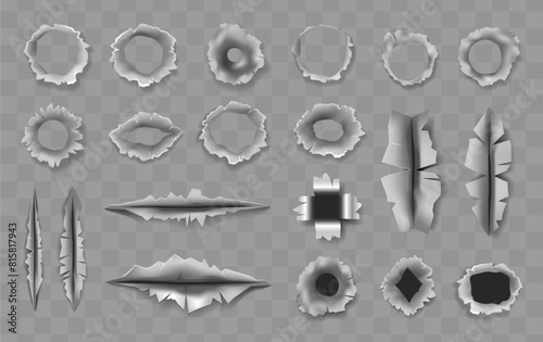 Ripped torn metal. Bullet projectile explosion, hole set