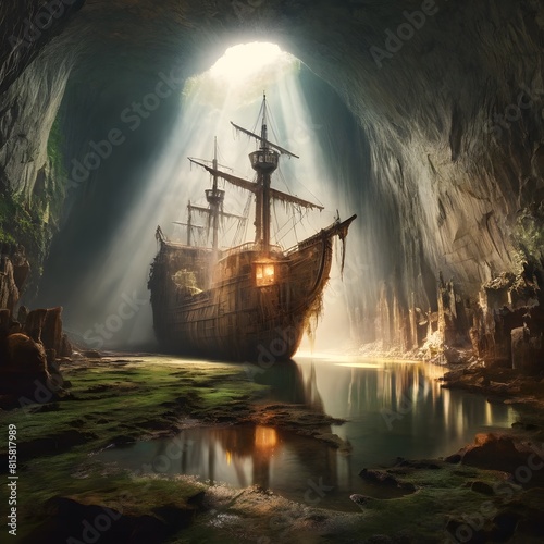 Wallpaper Mural An ancient ship bathed in celestial light within a vast cave, surrounded by dramatic rock formations and reflective waters, evoking a sense of discovery and awe. Torontodigital.ca