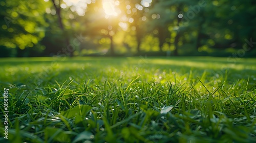 Beautiful blurred background of lush green grass in the park on sunny day. Spring or summer nature landscape with copy space. 