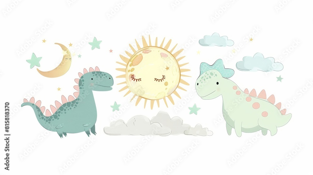 An adorable dinosaur, a moon, sun, clouds and stars are isolated on a white background and have an adorable boho style to decorate a baby's room. An adorable dinosaur, a moon, sun, clouds and stars are isolated on a white background and have an adorable boho style to decorate a baby's room.