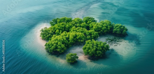 island surrounded by water and white sand, top view