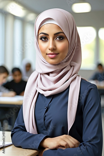 Portrait of muslim young woman in hijab sitting indoor close up. Beautiful face of Arabian teacher in school class