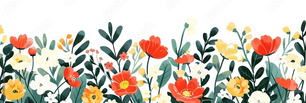 Hand drawn spring flower border illustration, flat vector design on a white background, simple design with simple coloring, vector art, flat vector graphic without shadows