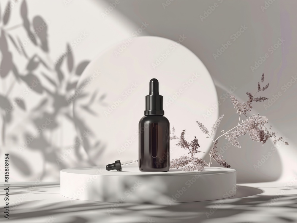 Modern serum bottle with dropper, shown in a minimalist setting, focusing on its ability to deeply nourish and rejuvenate the skin Modern serum bottle with dropper, shown in a minimalist setting, focusing on its ability to deeply nourish and rejuvenate the skin