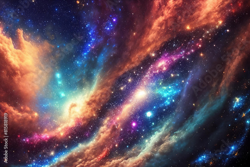 A fantastical galaxy with swirling colors, glowing stars, and cosmic dust © Olga Khoroshunova