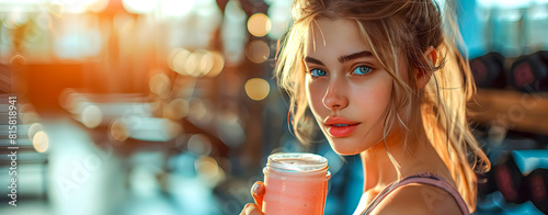 Close-up of a girl in the gym drinking a smoothie  looking at the camera. 