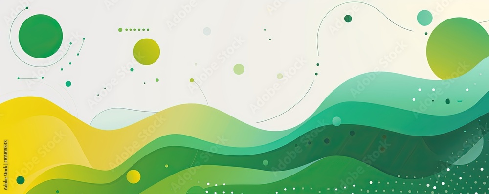 vector flat style, white background with Green and Yellow color gradients, simple shapes, white space, flat vector illustration of an abstract wavy shape with dots, lines and circles vector flat style, white background with Green and Yellow color gradients, simple shapes, white space, flat vector illustration of an abstract wavy shape with dots, lines and circles