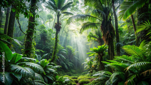 Lush ferns and palm trees unfurl beneath a blue sky in this tropical rainforest landscape