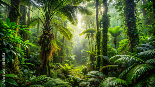 Lush ferns and palm trees unfurl beneath a blue sky in this tropical rainforest landscape