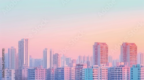 A minimalist cityscape background with pastelcolored highrise buildings and a clear sky