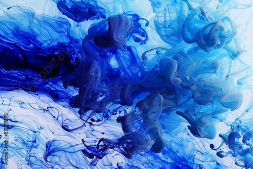 Abstract background, blue paint in transparent water. Abstract smoke explosion effect with particles.