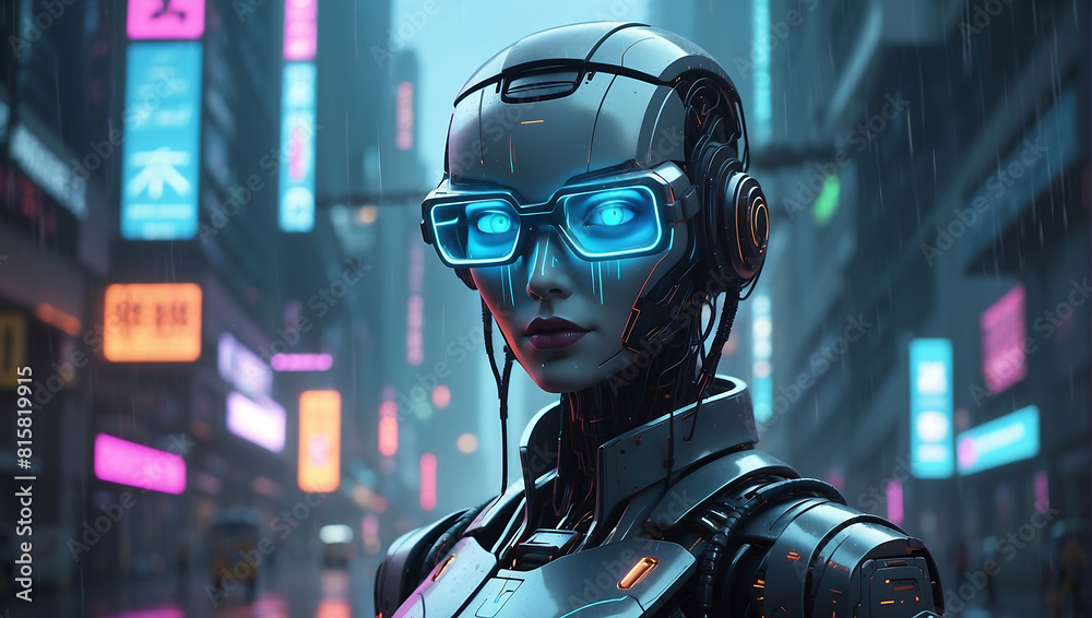 A humanoid robot with a sleek metallic frame, wearing glowing neon blue and pink glasses and intricate headgear with wires and mechanical elements, the robot is set against a rainy A humanoid robot with a sleek metallic frame, wearing glowing neon blue and pink glasses and intricate headgear with wires and mechanical elements, the robot is set against a rainy