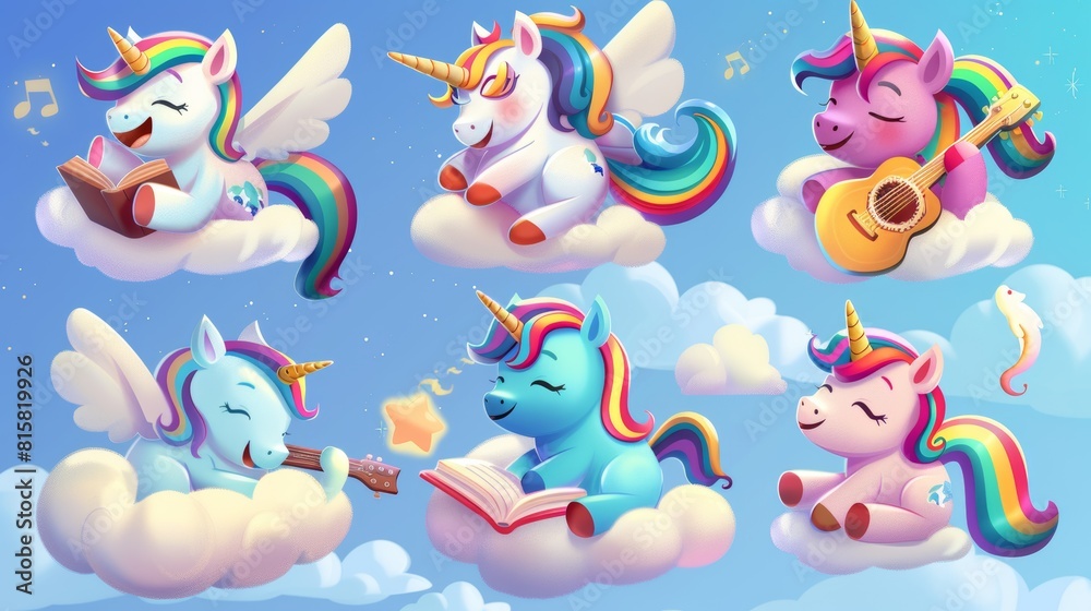 Set of cute rainbow unicorns on sky background. Modern illustration of pony characters with horn singing, playing guitar, reading, sleeping, smiling, jumping on clouds. Set of cute rainbow unicorns on sky background. Modern illustration of pony characters with horn singing, playing guitar, reading, sleeping, smiling, jumping on clouds.
