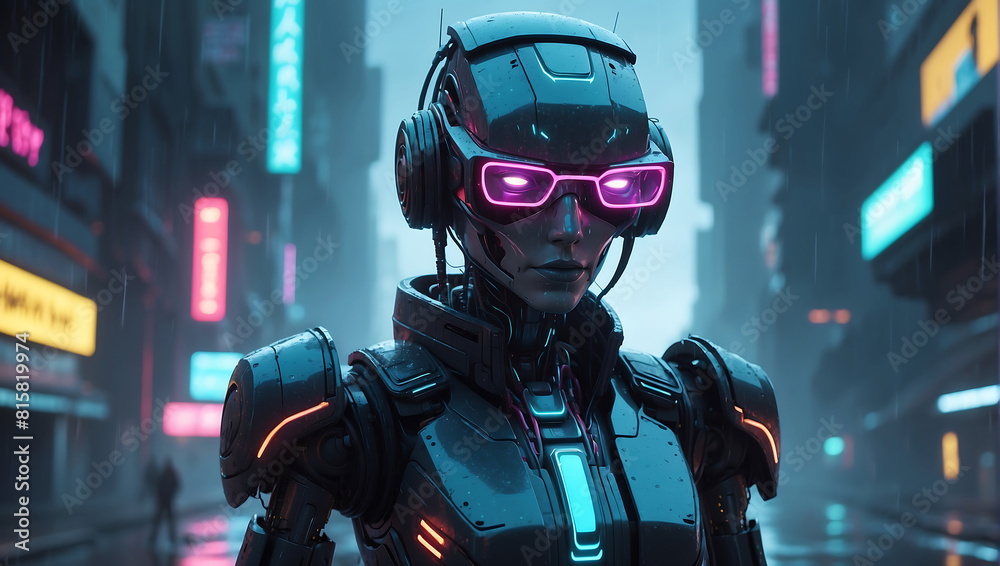 A humanoid robot with a sleek metallic frame, wearing glowing neon blue and pink glasses and intricate headgear with wires and mechanical elements, the robot is set against a rainy A humanoid robot with a sleek metallic frame, wearing glowing neon blue and pink glasses and intricate headgear with wires and mechanical elements, the robot is set against a rainy