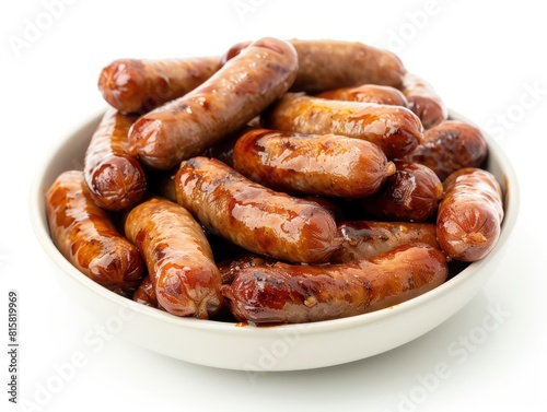 bbq cocktail wieners sausages in a bowl on white background