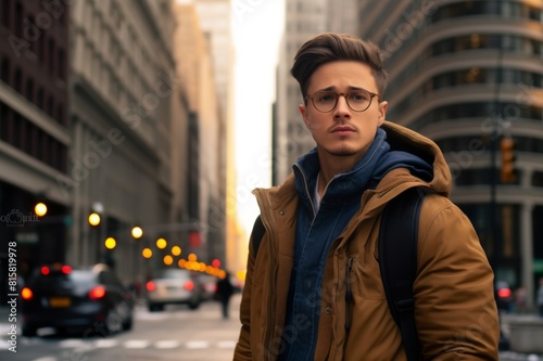 portrait of a young man in eyeglasses on the street in new york city, usa
