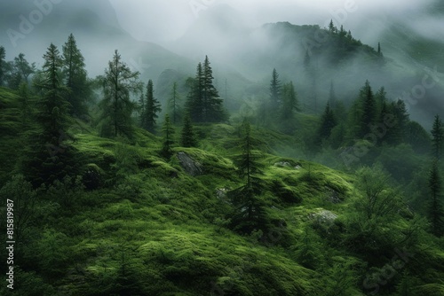 Tranquil and serene misty mountain forest with vibrant green foliage and a foggy mountainscape photo