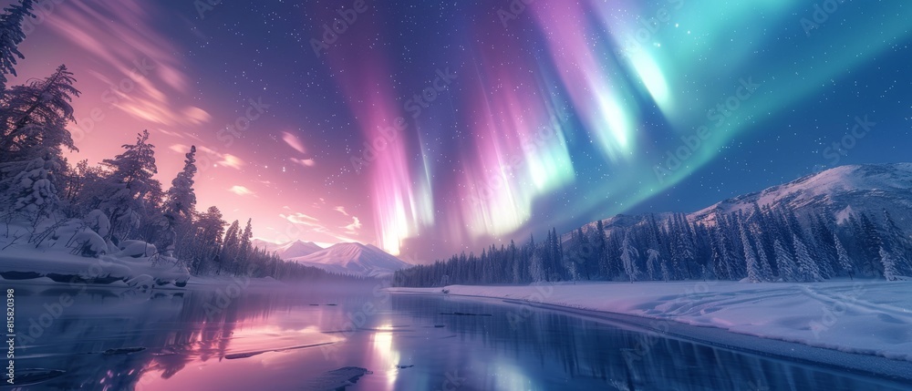 The photo shows a beautiful winter landscape with a river, snow-covered trees, and a night sky lit up with a colorful aurora.