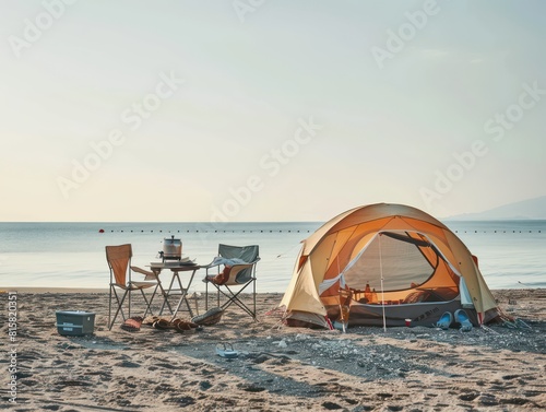 beach camping scene  tent  camping table  camping chairs  barbecue grill  seaside