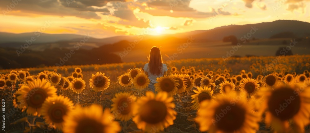 The photo shows a girl standing in a field of sunflowers, with the sun ...