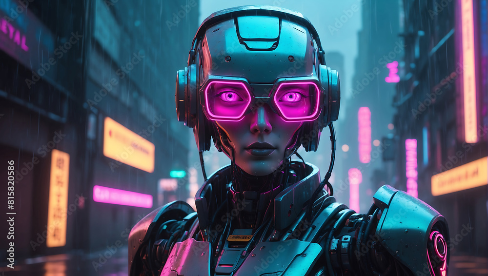 A humanoid robot with a sleek metallic frame, wearing glowing neon blue and pink glasses and intricate headgear with wires and mechanical elements, the robot is set against a rainy A humanoid robot with a sleek metallic frame, wearing glowing neon blue and pink glasses and intricate headgear with wires and mechanical elements, the robot is set against a rainy