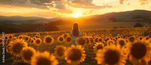The photo shows a girl standing in a field of sunflowers, with the sun setting behind her. photo