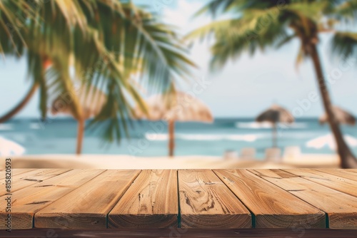 Empty wooden tabletop with bokeh lights on blurred beach and sea