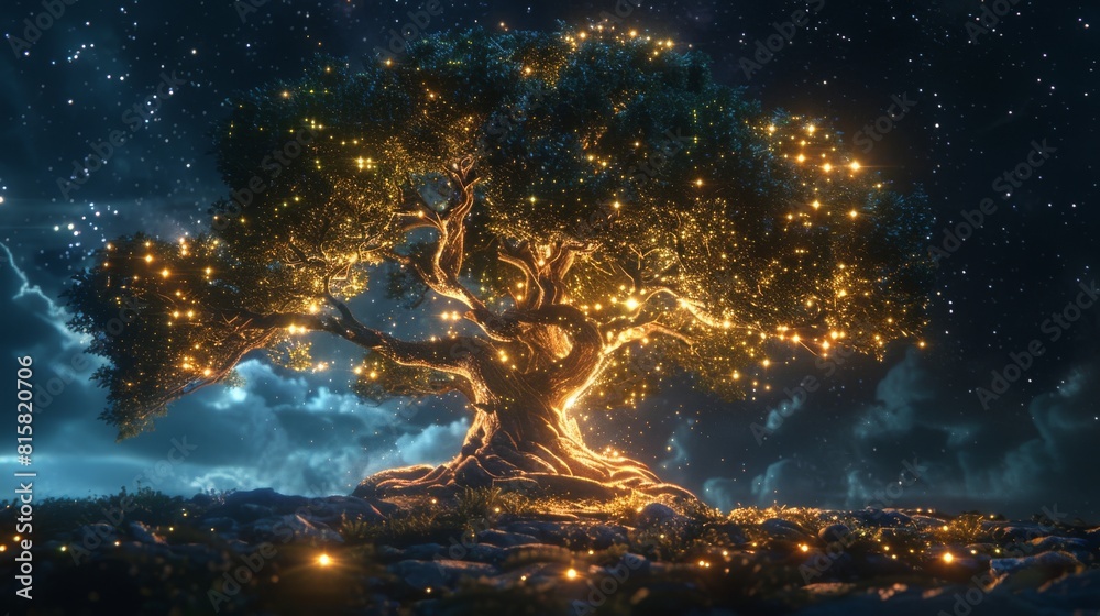 The photo shows a large tree with many branches and leaves. The tree is glowing and there are many stars in the sky.