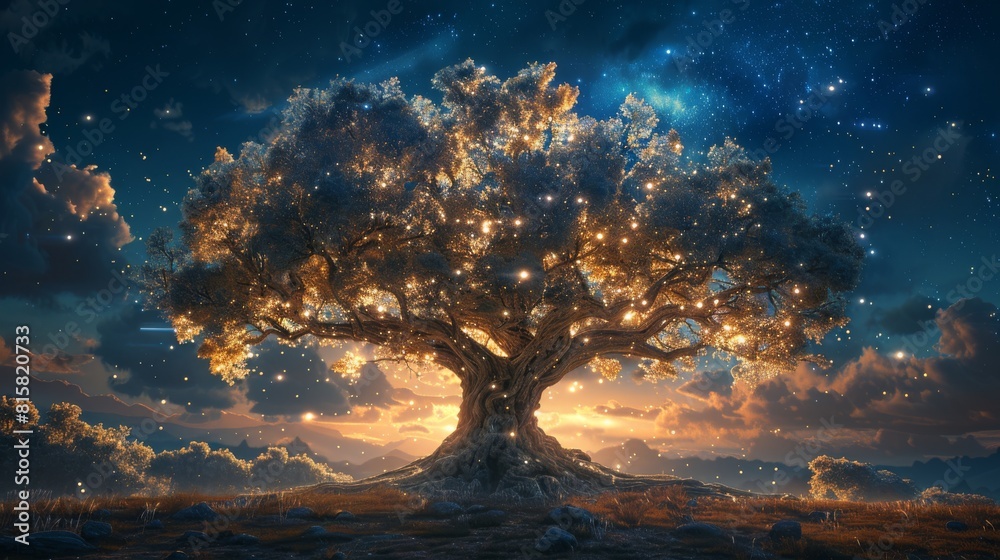 The photo shows a large tree with many branches and leaves. The tree is in front of a starry night sky. The photo shows a large tree with many branches and leaves. The tree is in front of a starry night sky.