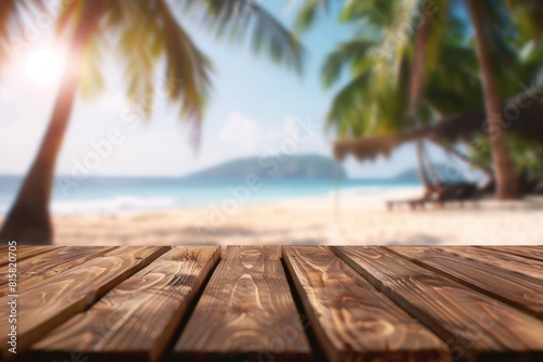 Empty wooden tabletop with bokeh lights on blurred beach and sea