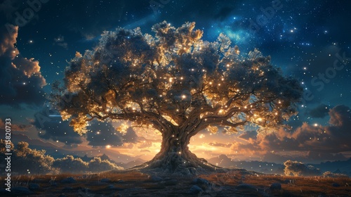 The photo shows a large tree with many branches and leaves. The tree is in front of a starry night sky.