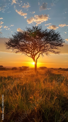 The photo shows an Acacia tortilis tree in the middle of a grassy field. The sun is setting behind the tree.